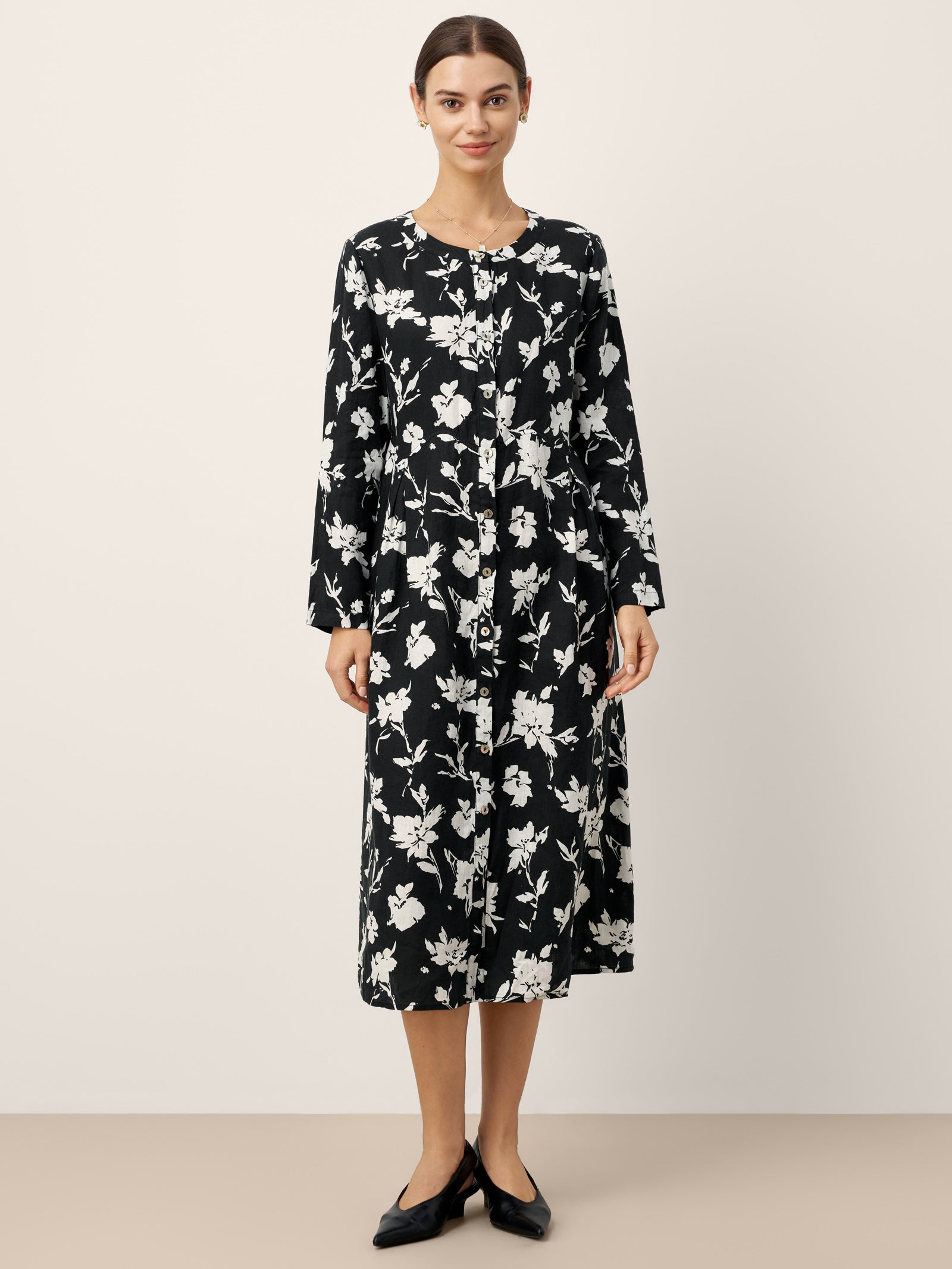 100% Linen Floral Printed Gathered Midi Dress ELODIE by LINTICO for women