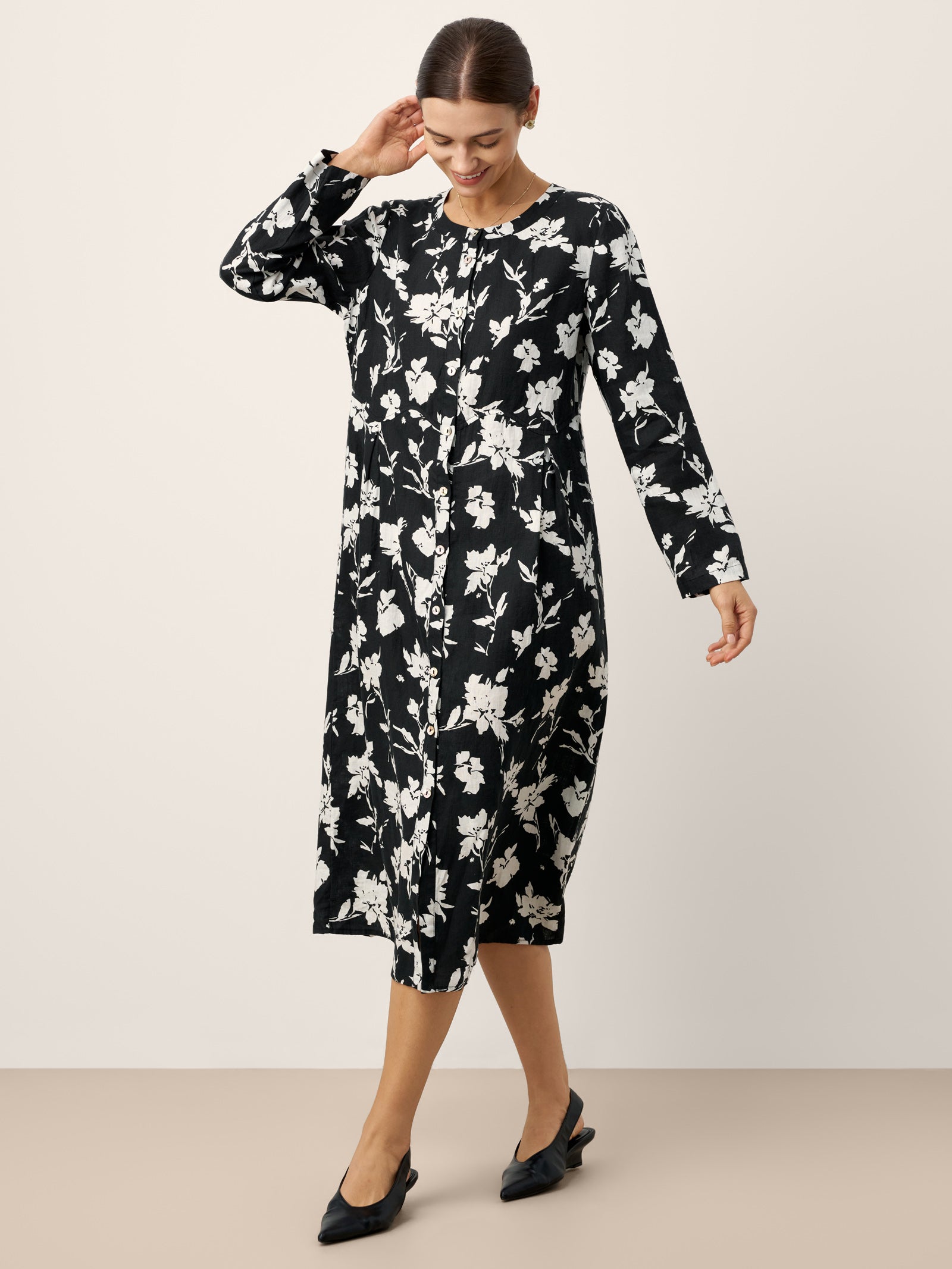 100% Linen Floral Printed Gathered Midi Dress ELODIE by LINTICO for women