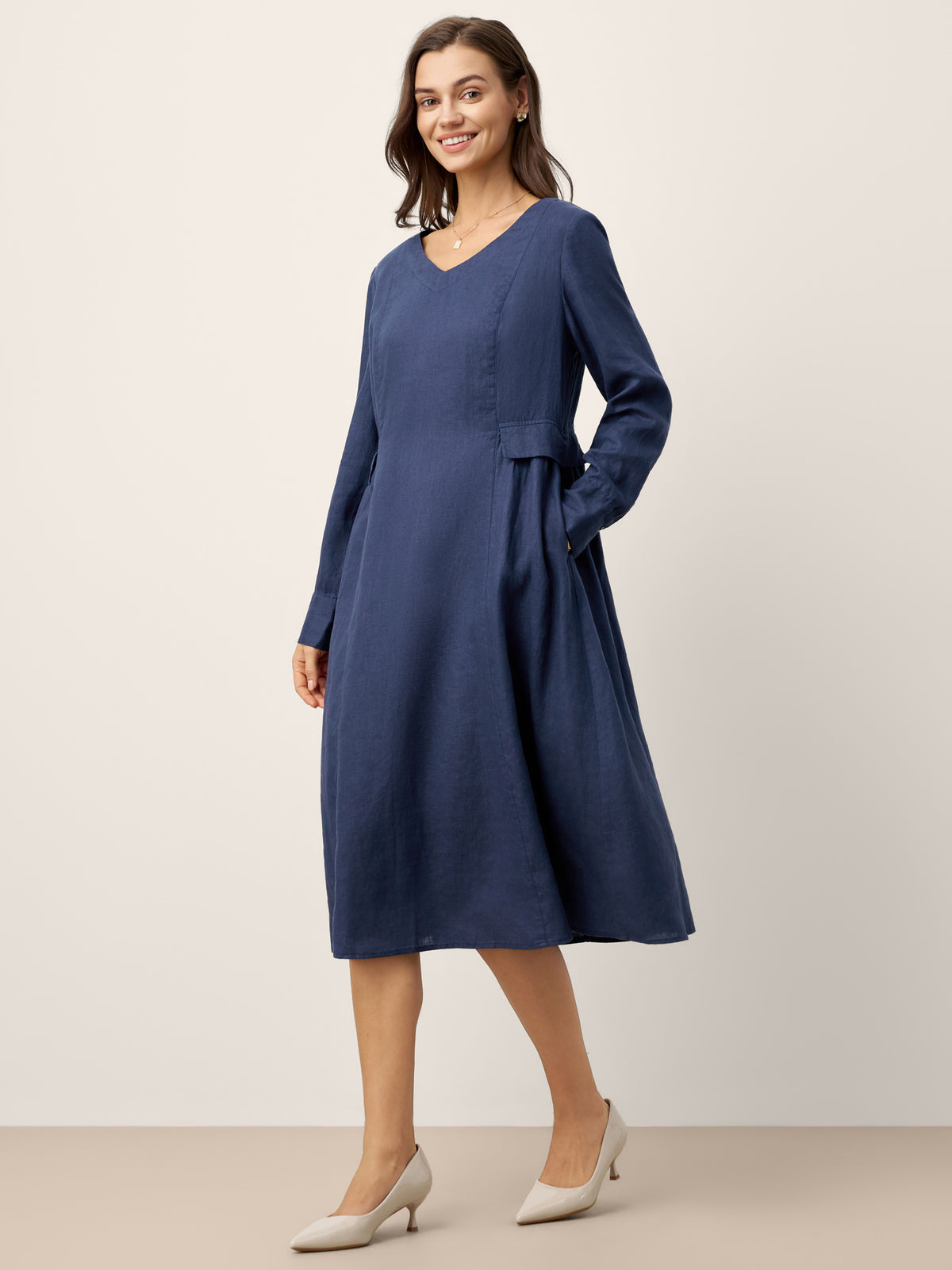 100% Linen Gathered Waist Flap Detail Midi Dress DIANA by LINTICO for women