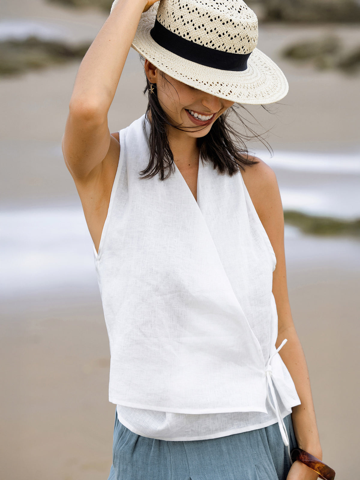 100% Linen Halter Neck Tie-Front Crop Top FAYE by LINTICO for women