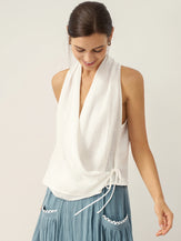100% Linen Halter Neck Tie-Front Crop Top FAYE by LINTICO for women