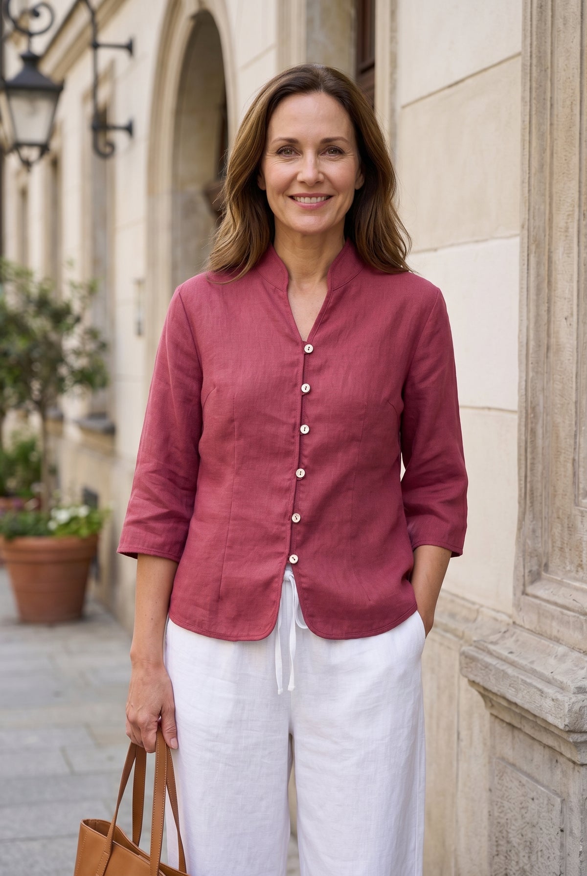 100% Linen Stand-Collar Half-Sleeve Fitted Jacket AMELIA by LINTICO for women jk22