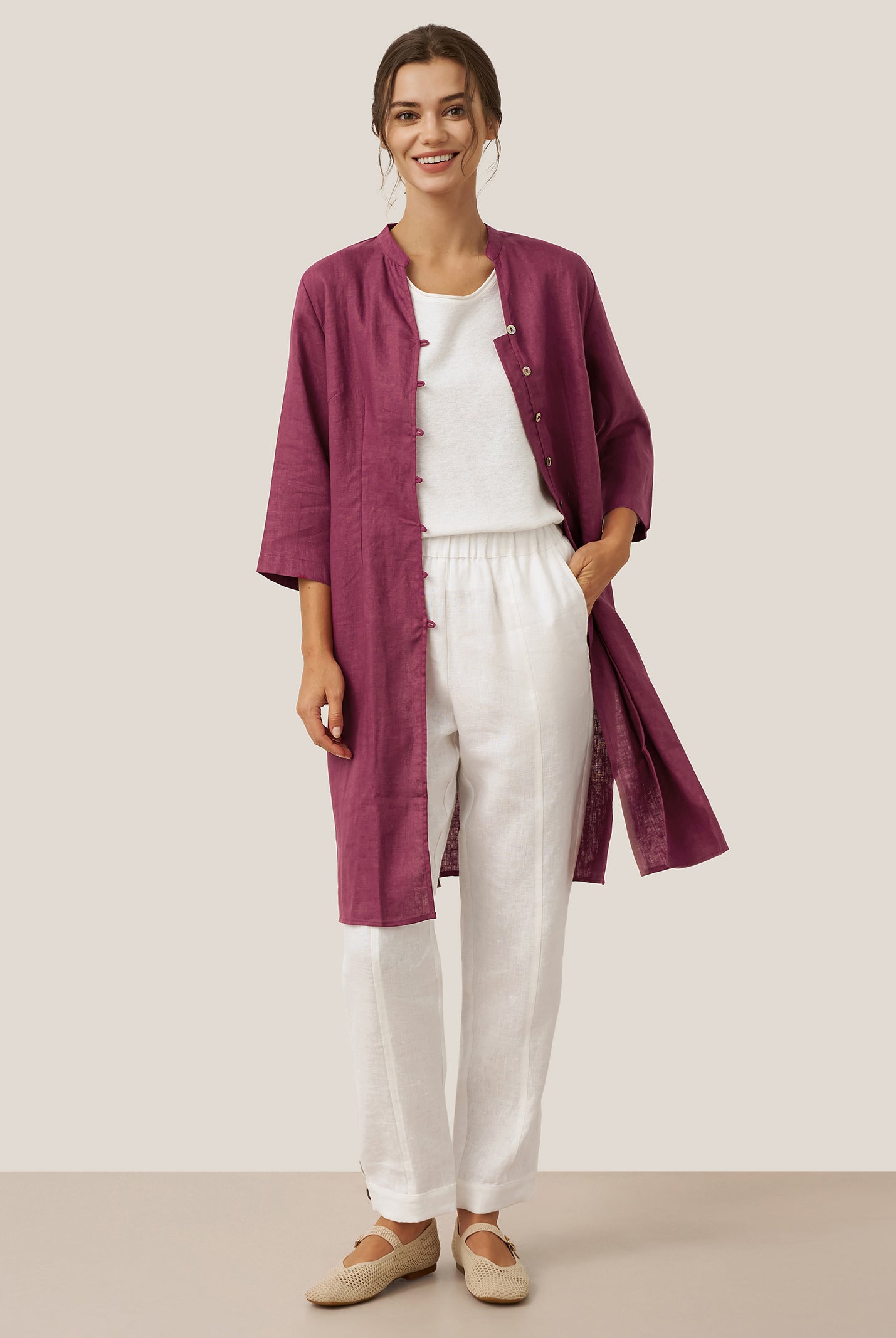 100% Linen Hand Button Long Top DILLON by LINTICO for women
