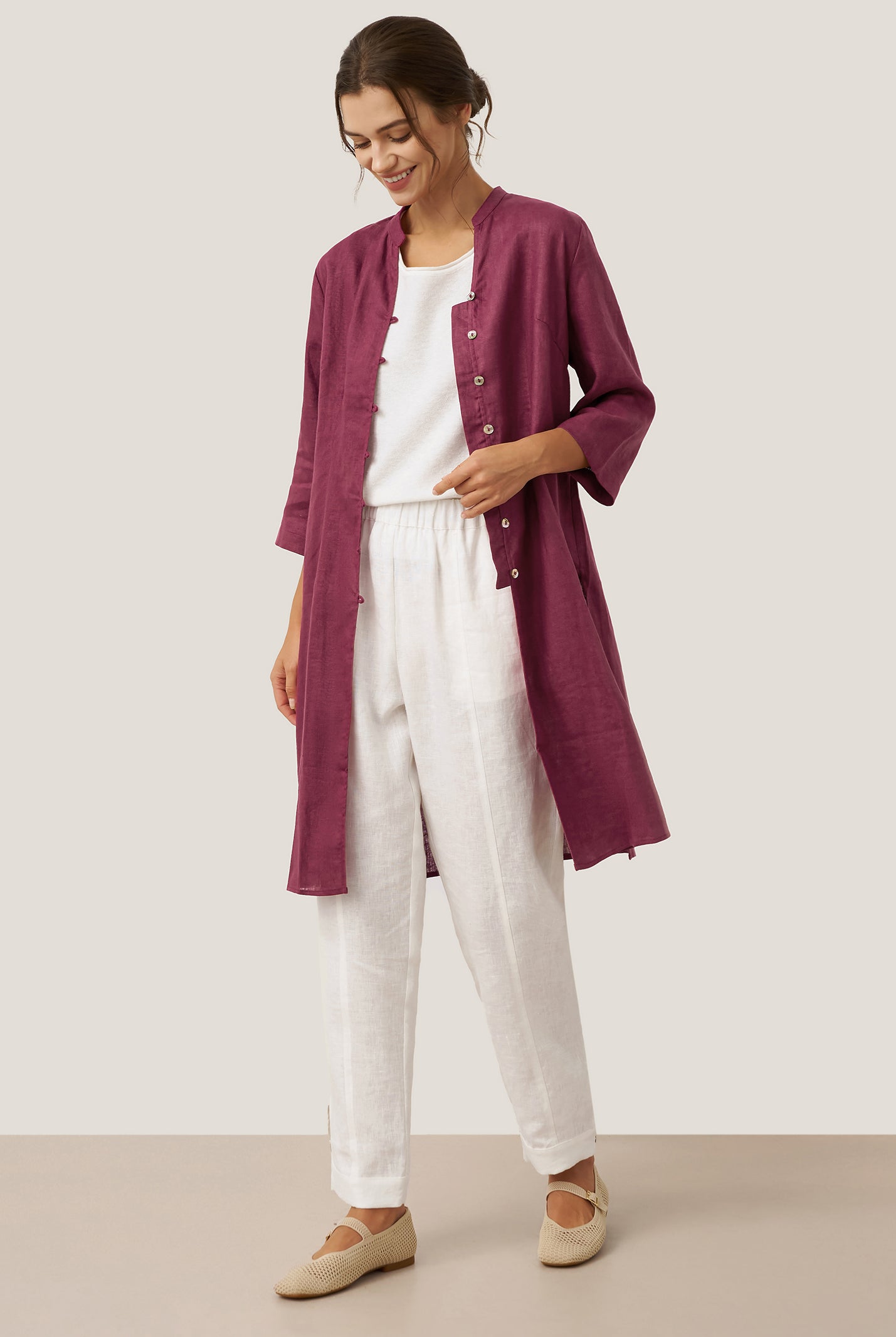 100% Linen Hand Button Long Top DILLON by LINTICO for women