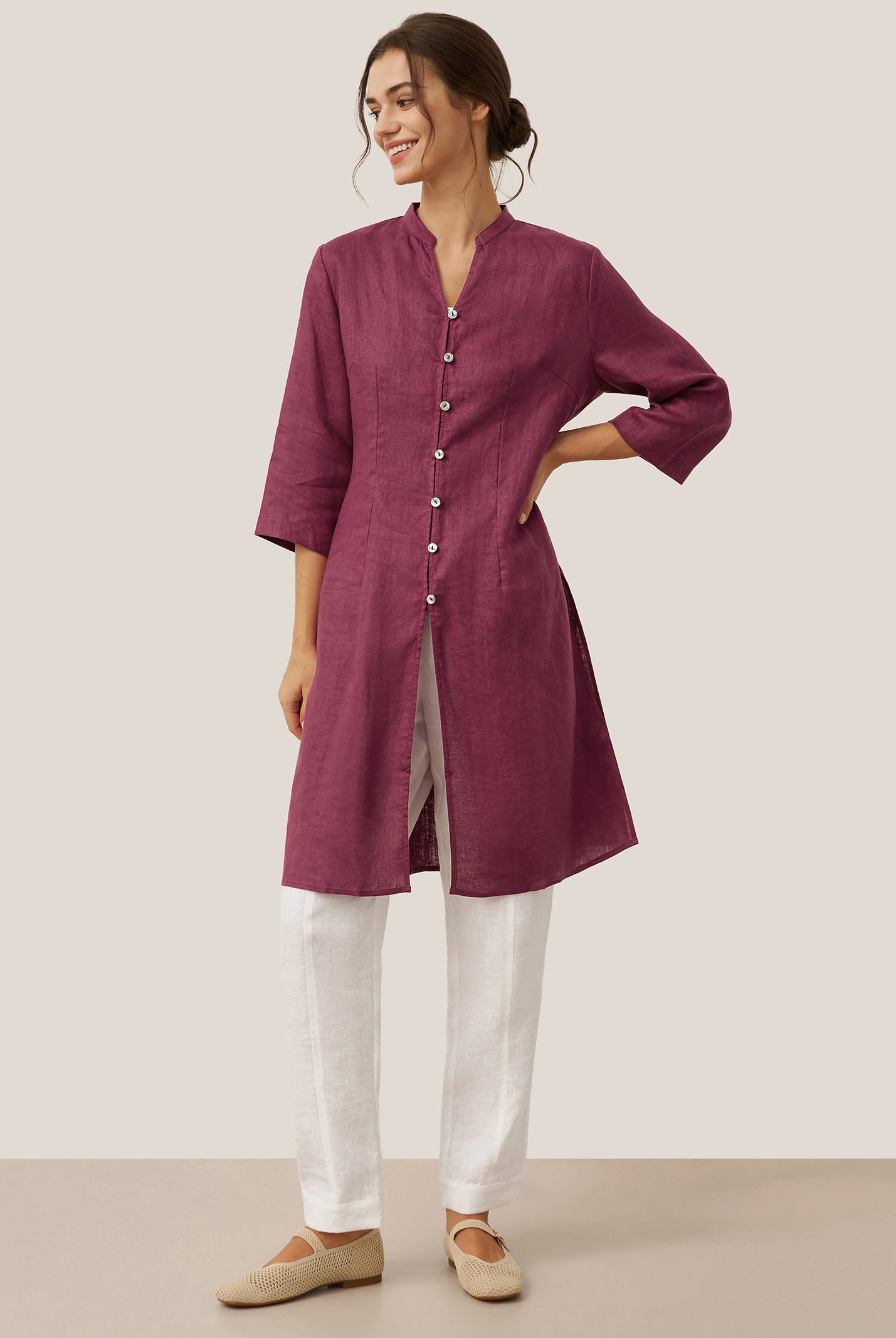 100% Linen Hand Button Long Top DILLON by LINTICO for women
