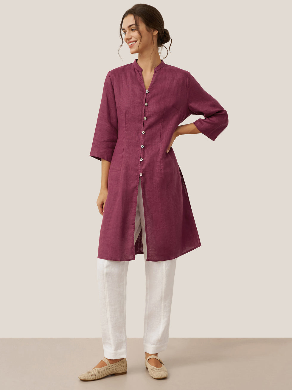 100% Linen Hand Button Long Top DILLON by LINTICO for women