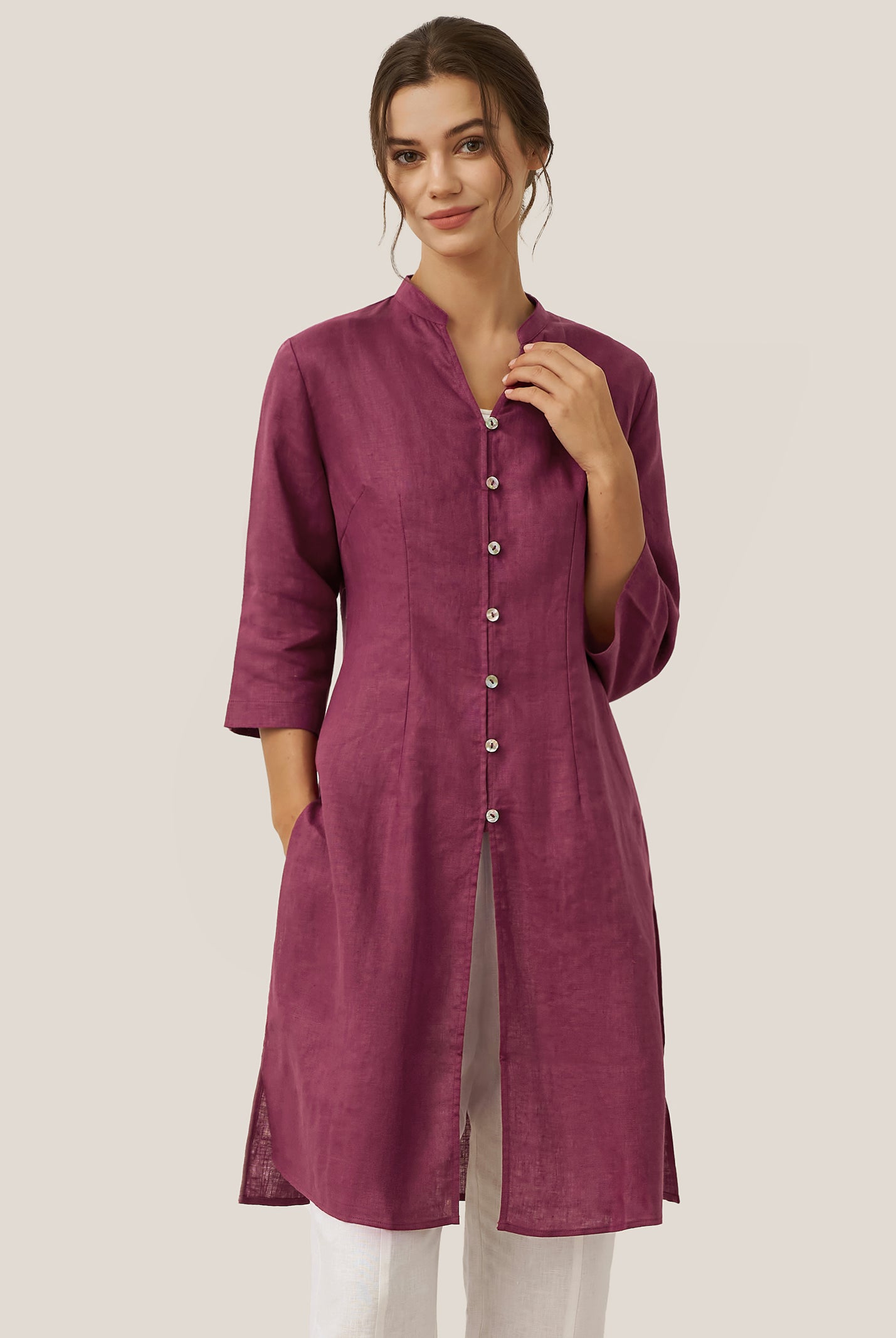 100% Linen Hand Button Long Top DILLON by LINTICO for women