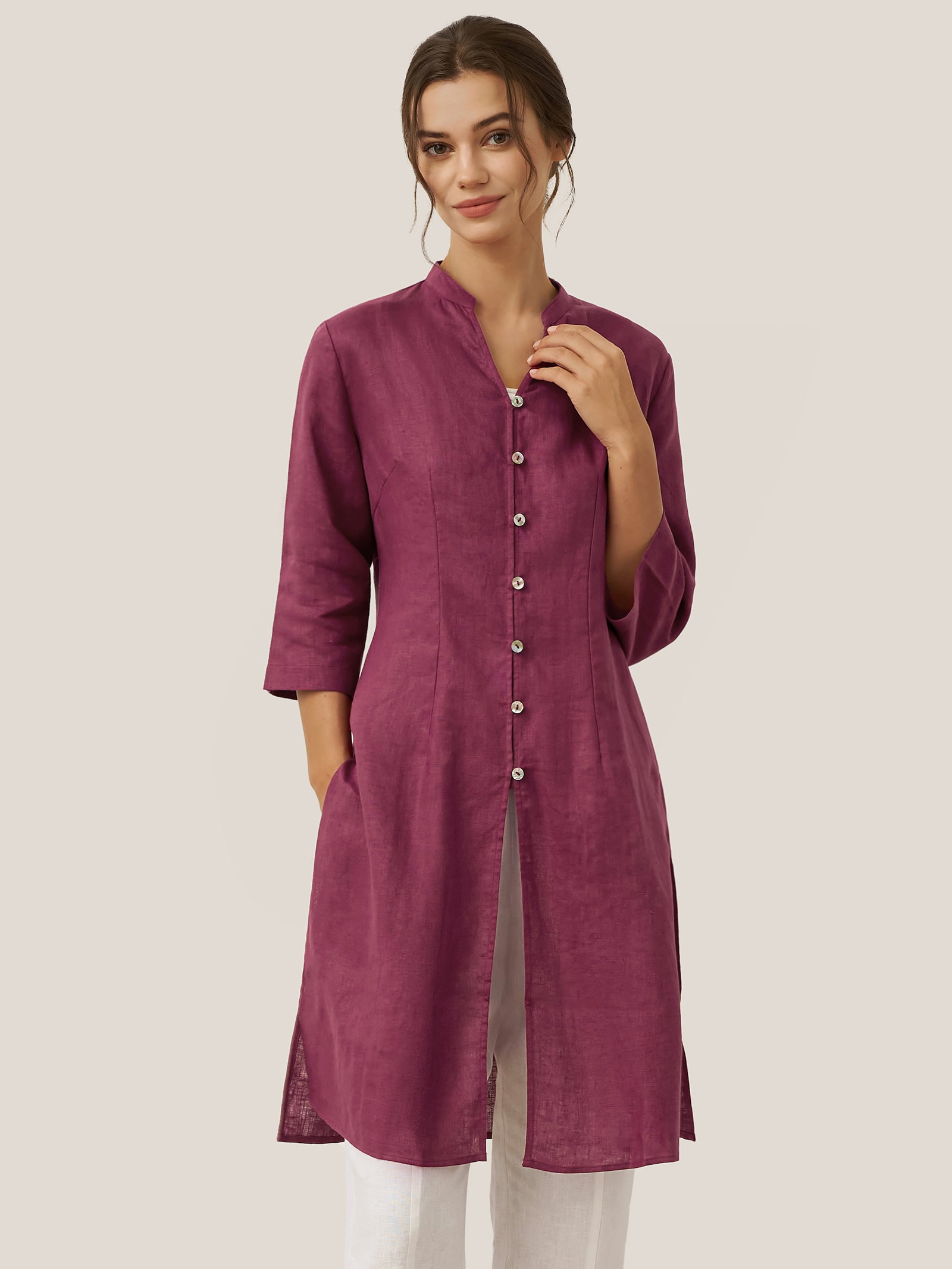 100% Linen Hand Button Long Top DILLON by LINTICO for women