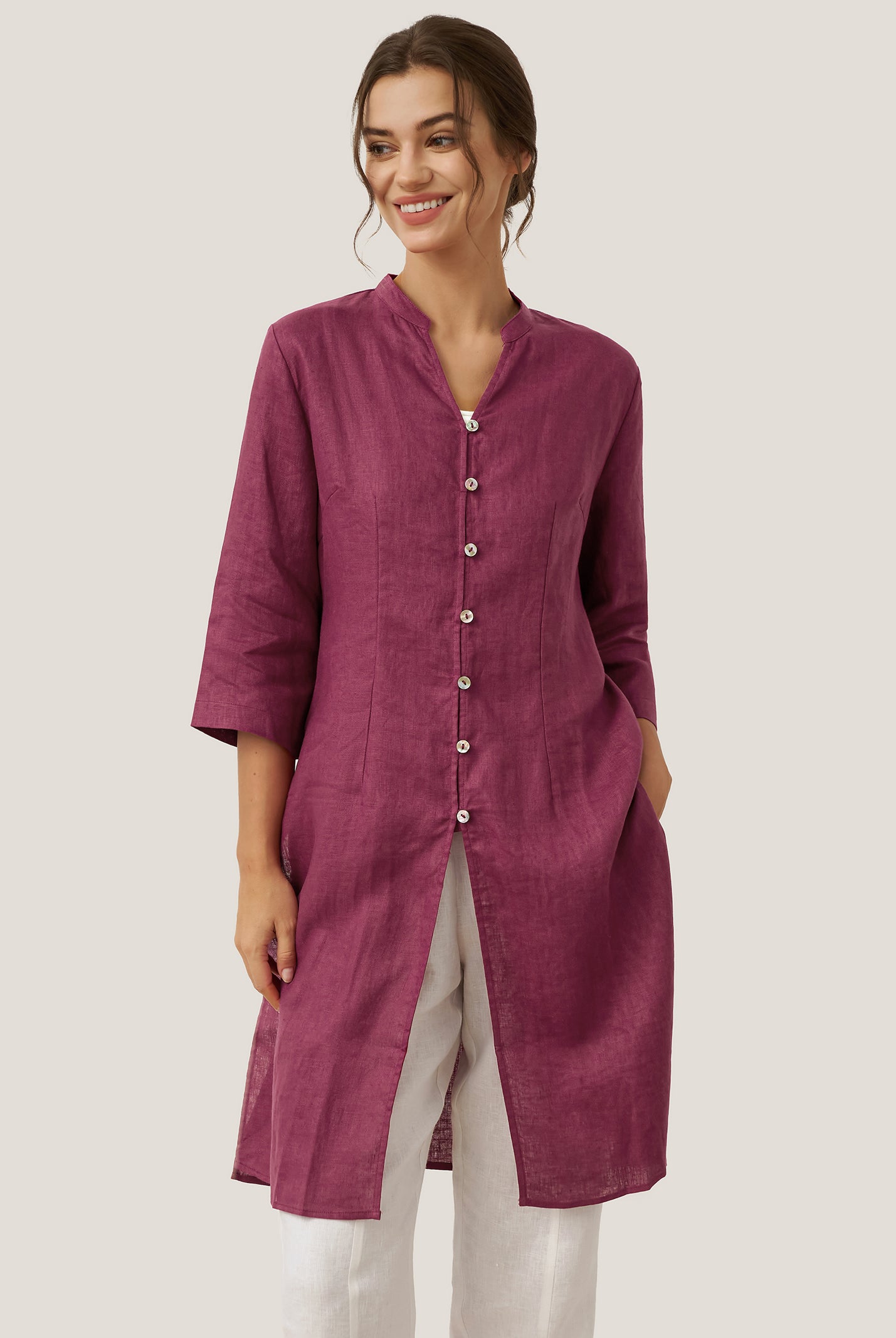100% Linen Hand Button Long Top DILLON by LINTICO for women