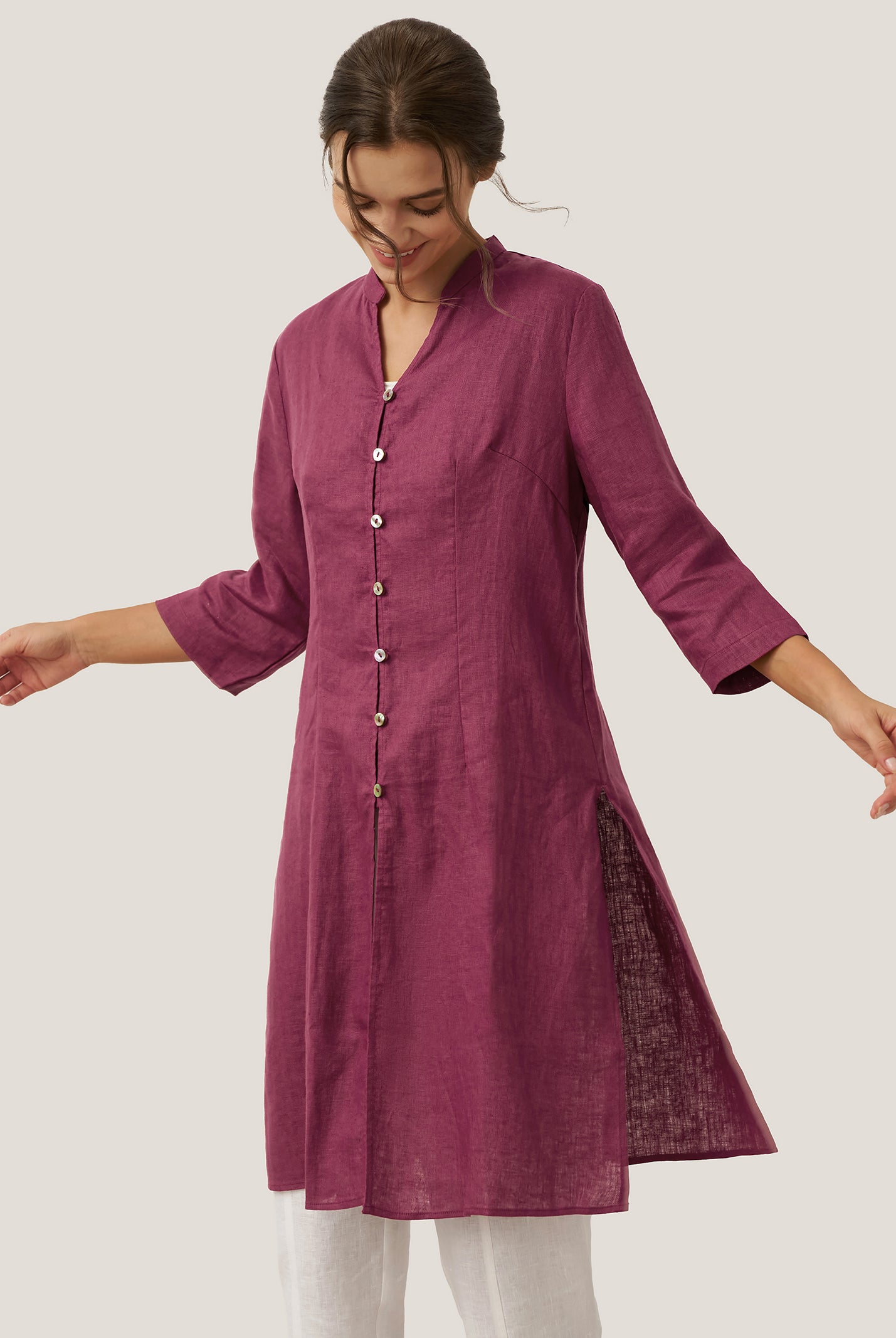 100% Linen Hand Button Long Top DILLON by LINTICO for women