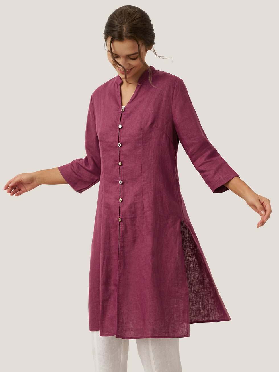 100% Linen Hand Button Long Top DILLON by LINTICO for women