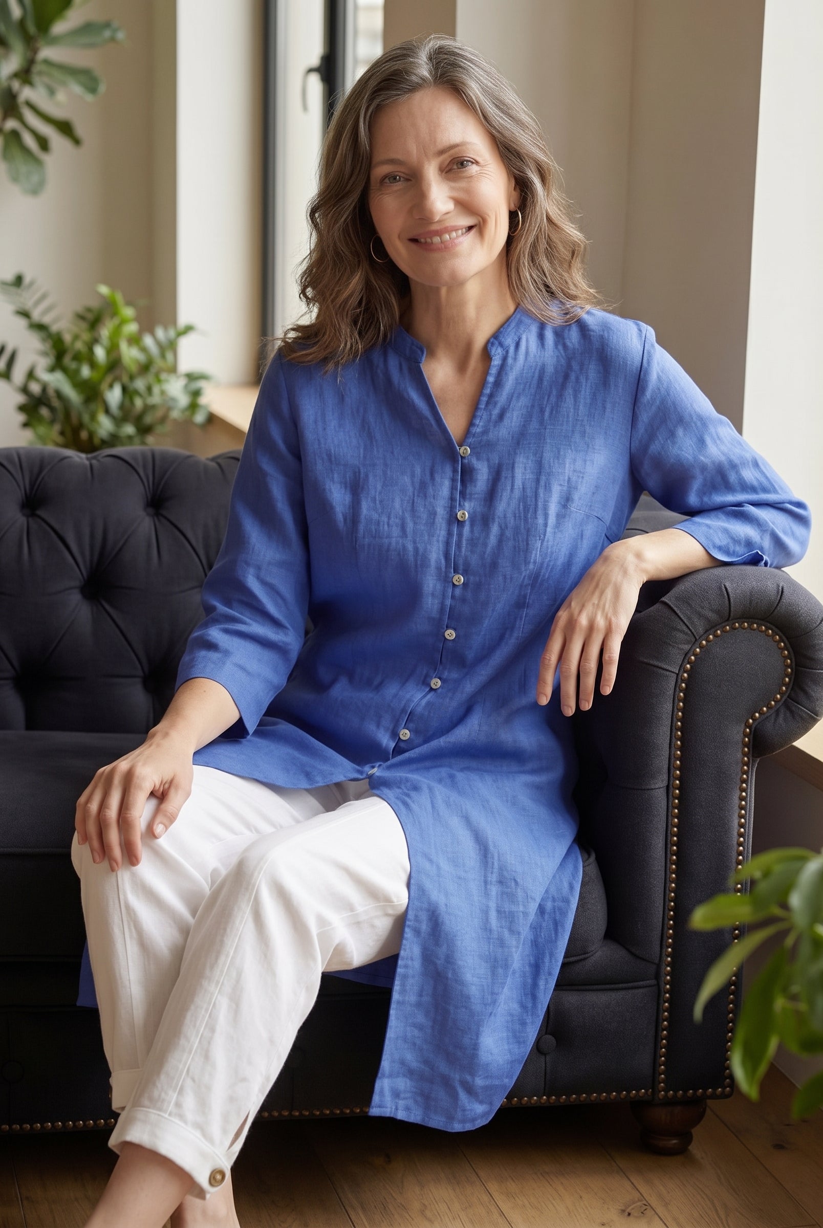 100% Linen Hand Button Long Top DILLON by LINTICO for women