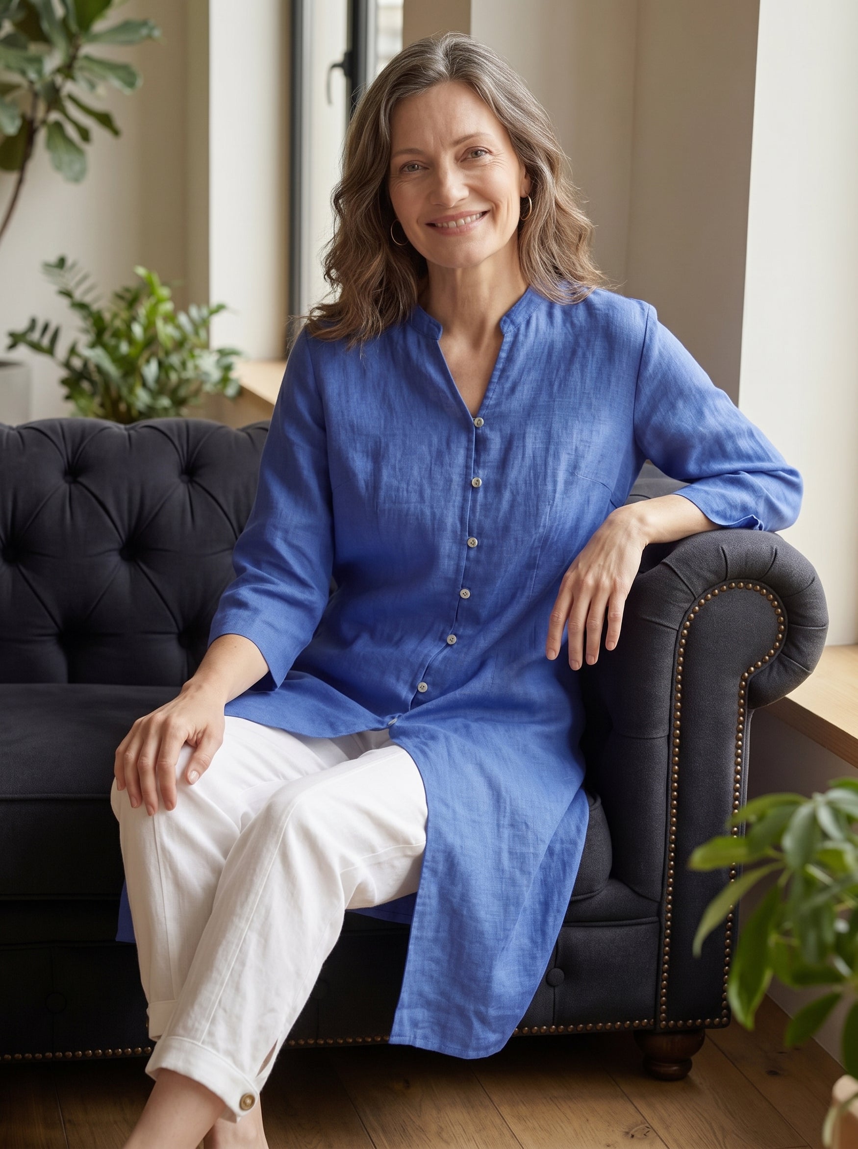 100% Linen Hand Button Long Top DILLON by LINTICO for women