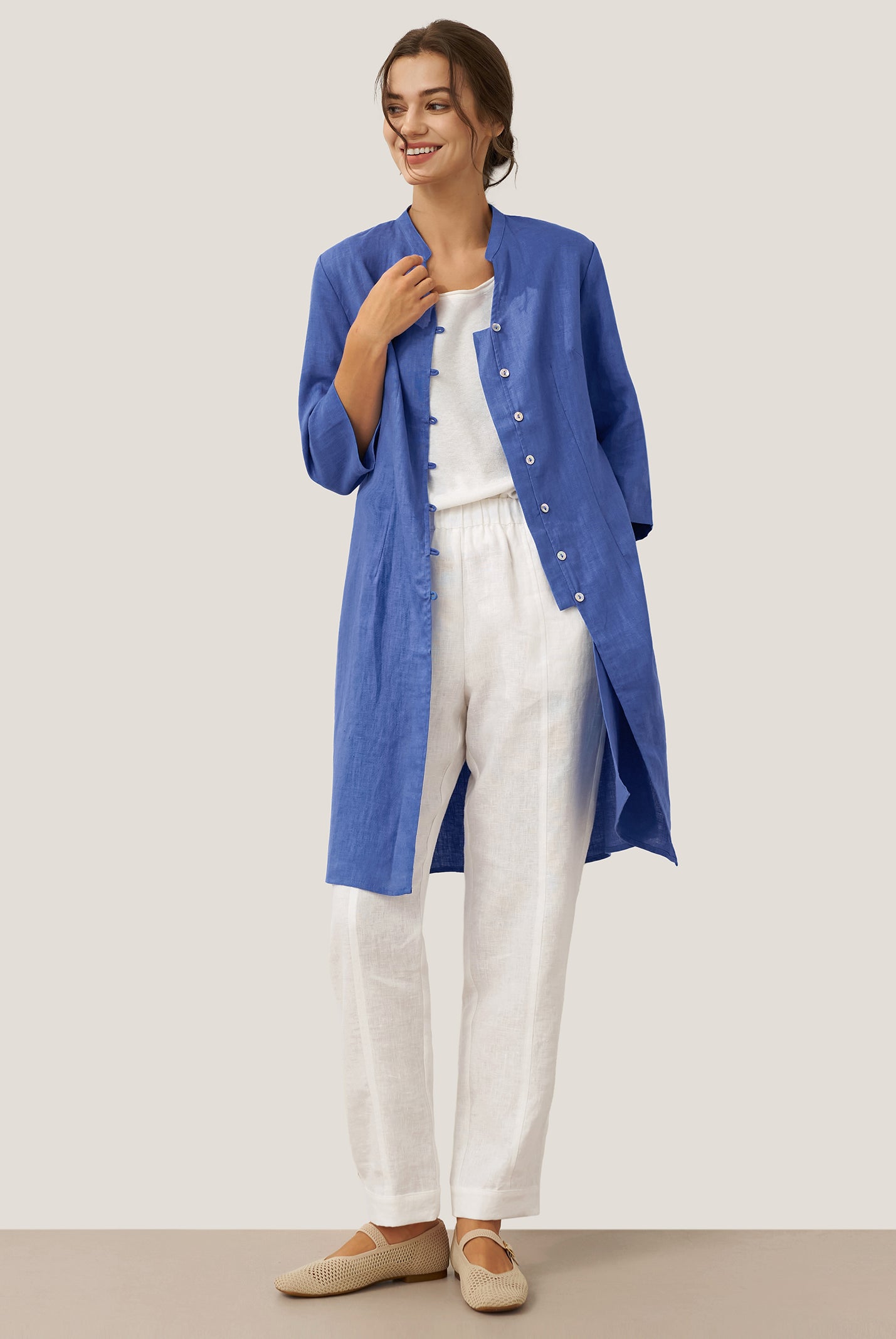 100% Linen Hand Button Long Top DILLON by LINTICO for women