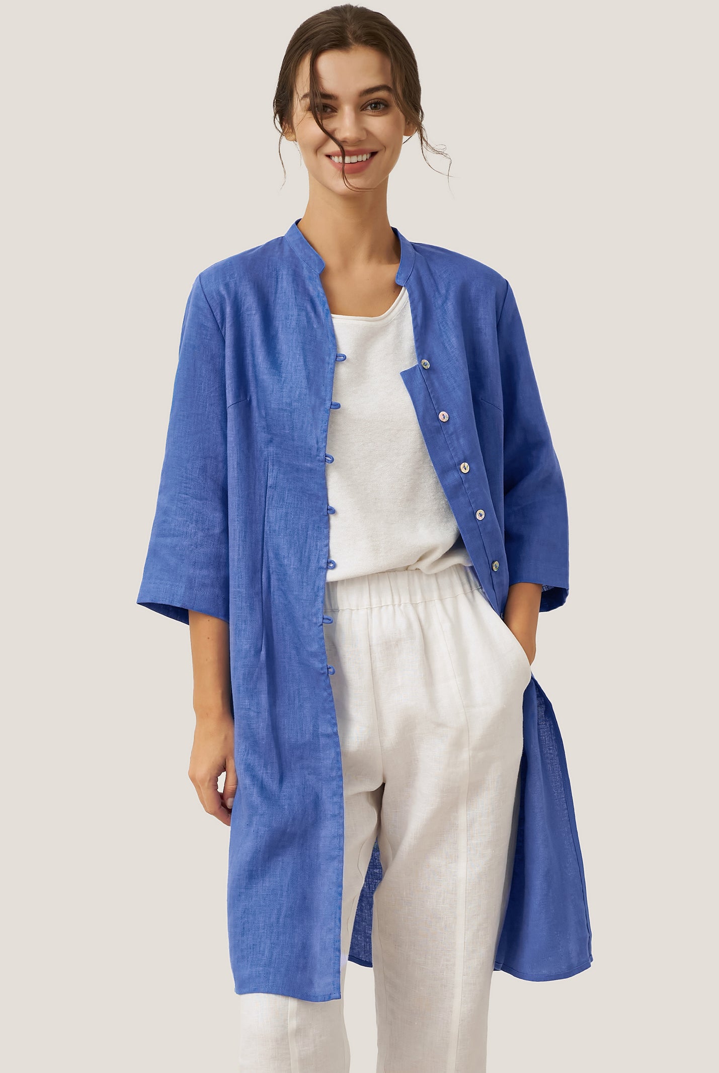 100% Linen Hand Button Long Top DILLON by LINTICO for women