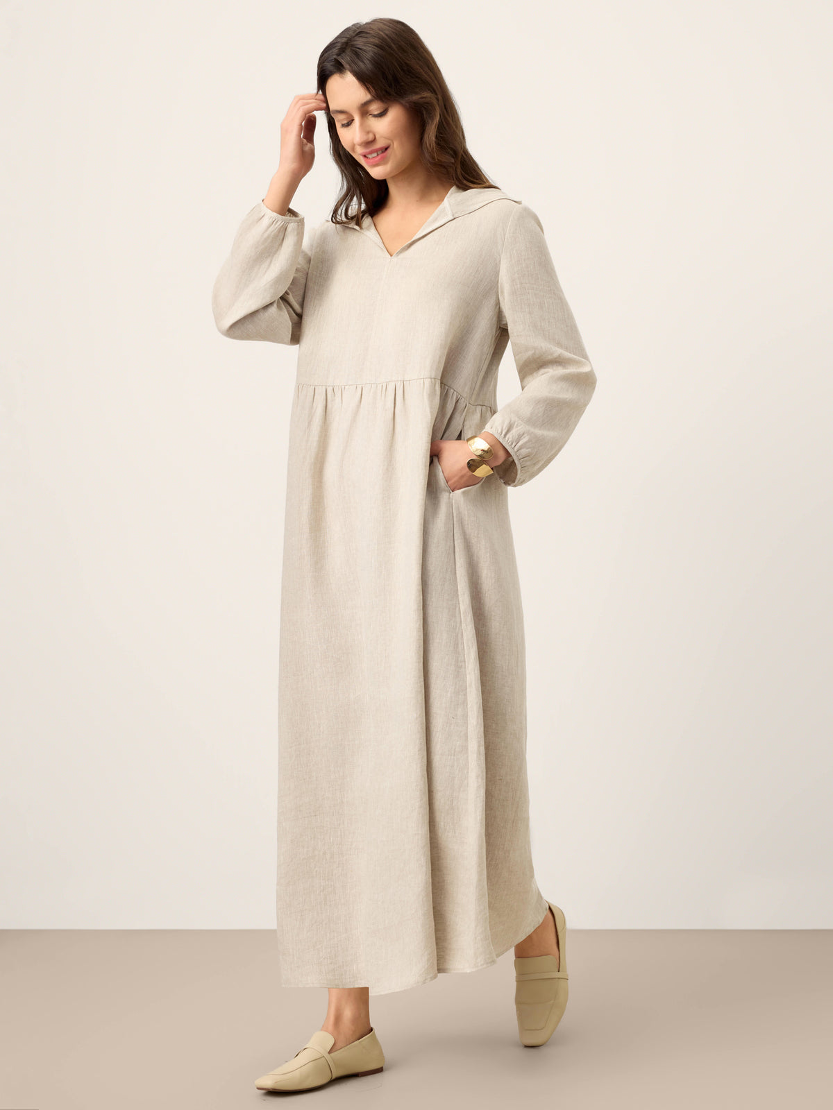 100% Linen Sculpted-Hood Caftan Midi Dress LINETTE by LINTICO for women