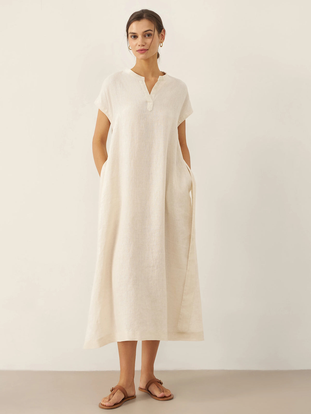 Robe midi MARGARET 100% lin à col mao avec ceinture amovible pour femme par LINTICO