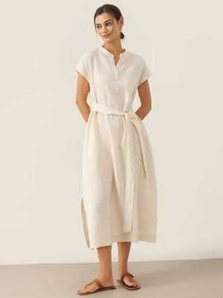 100% Linen Mandarin Collar Maxi Dress with Detachable Belt MARGARET