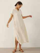 Robe midi MARGARET 100% lin à col mao avec ceinture amovible pour femme par LINTICO