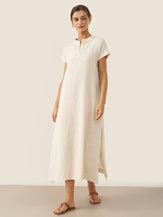 Robe midi MARGARET 100% lin à col mao avec ceinture amovible pour femme par LINTICO