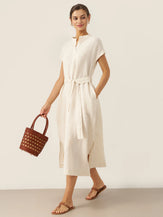 Robe midi MARGARET 100% lin à col mao avec ceinture amovible pour femme par LINTICO