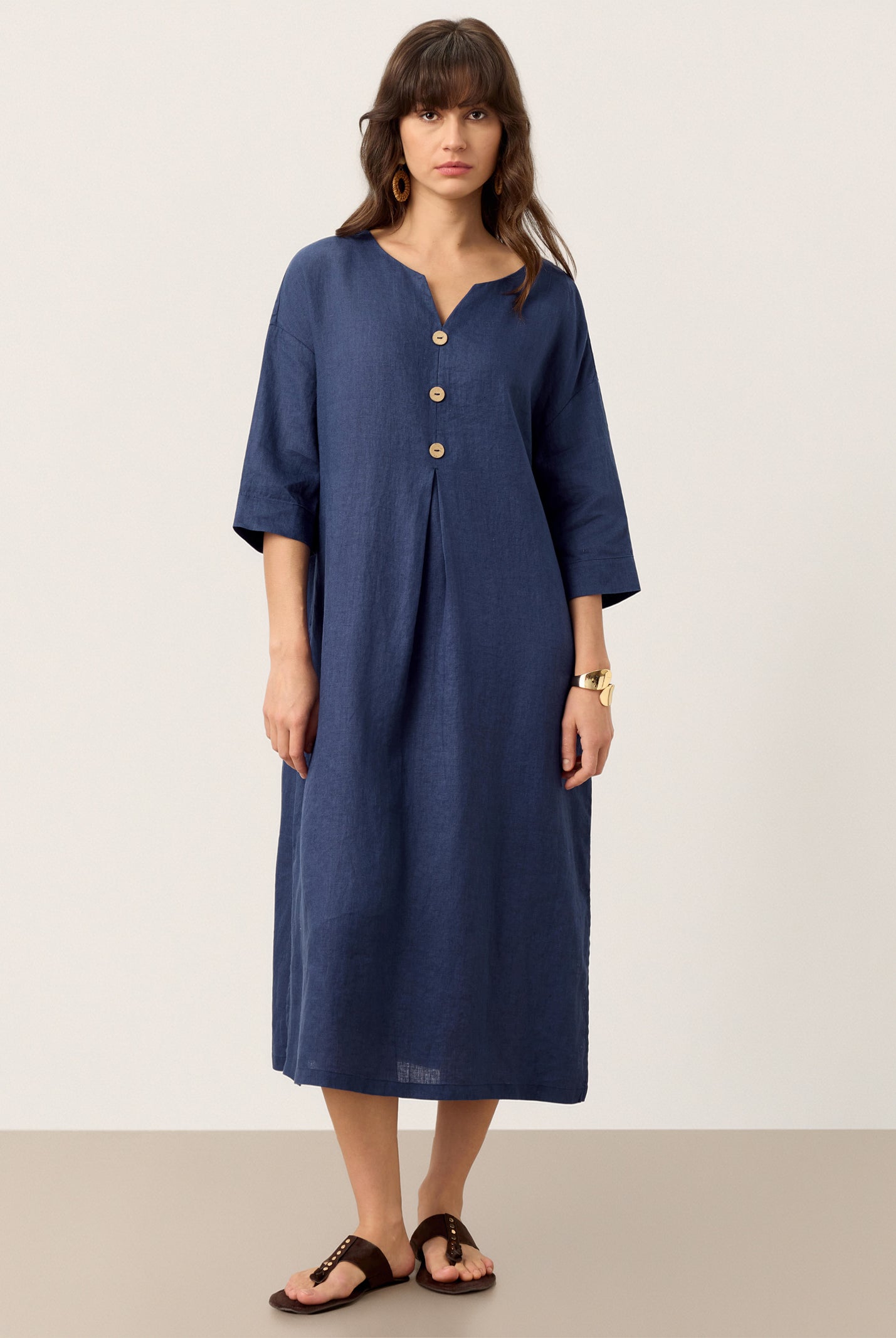 100% Linen Notch Neck Inverted Pleat Midi Dress MATILDE by LINTICO for women