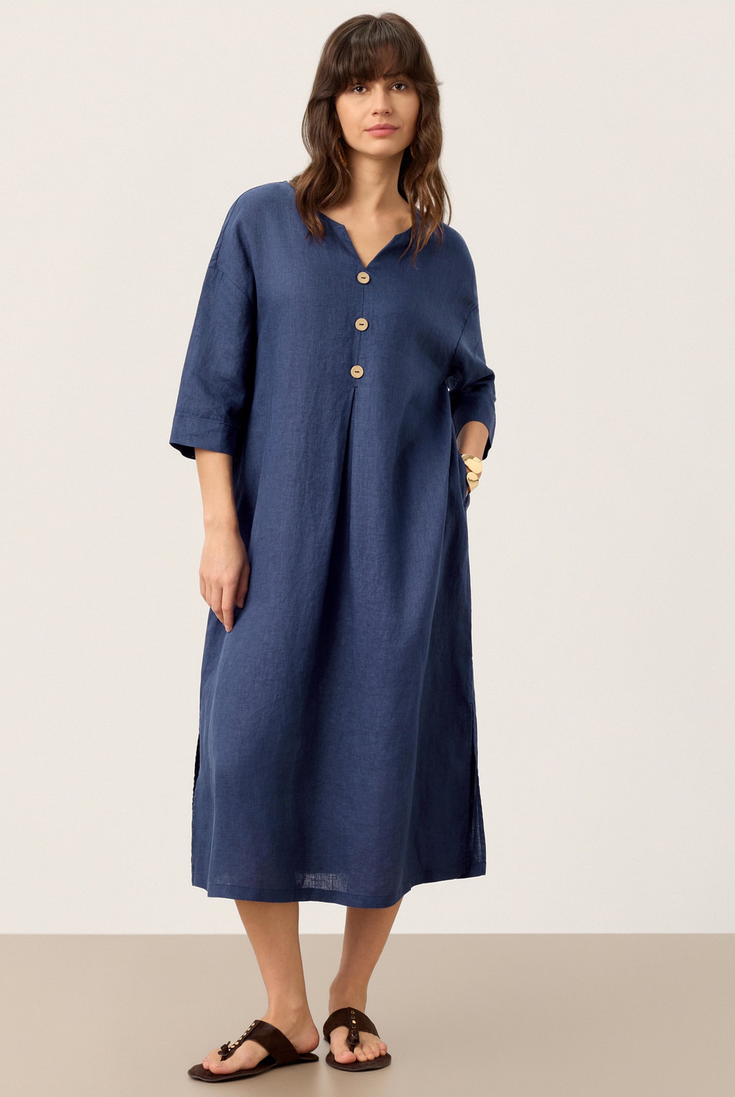 100% Linen Notch Neck Inverted Pleat Midi Dress MATILDE by LINTICO for women