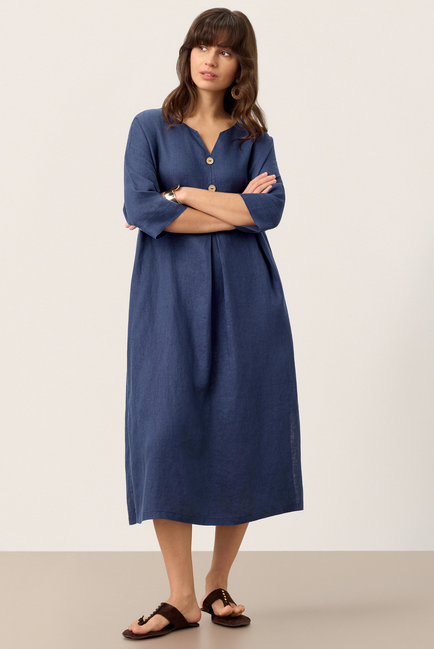 100% Linen Notch Neck Inverted Pleat Midi Dress MATILDE by LINTICO for women