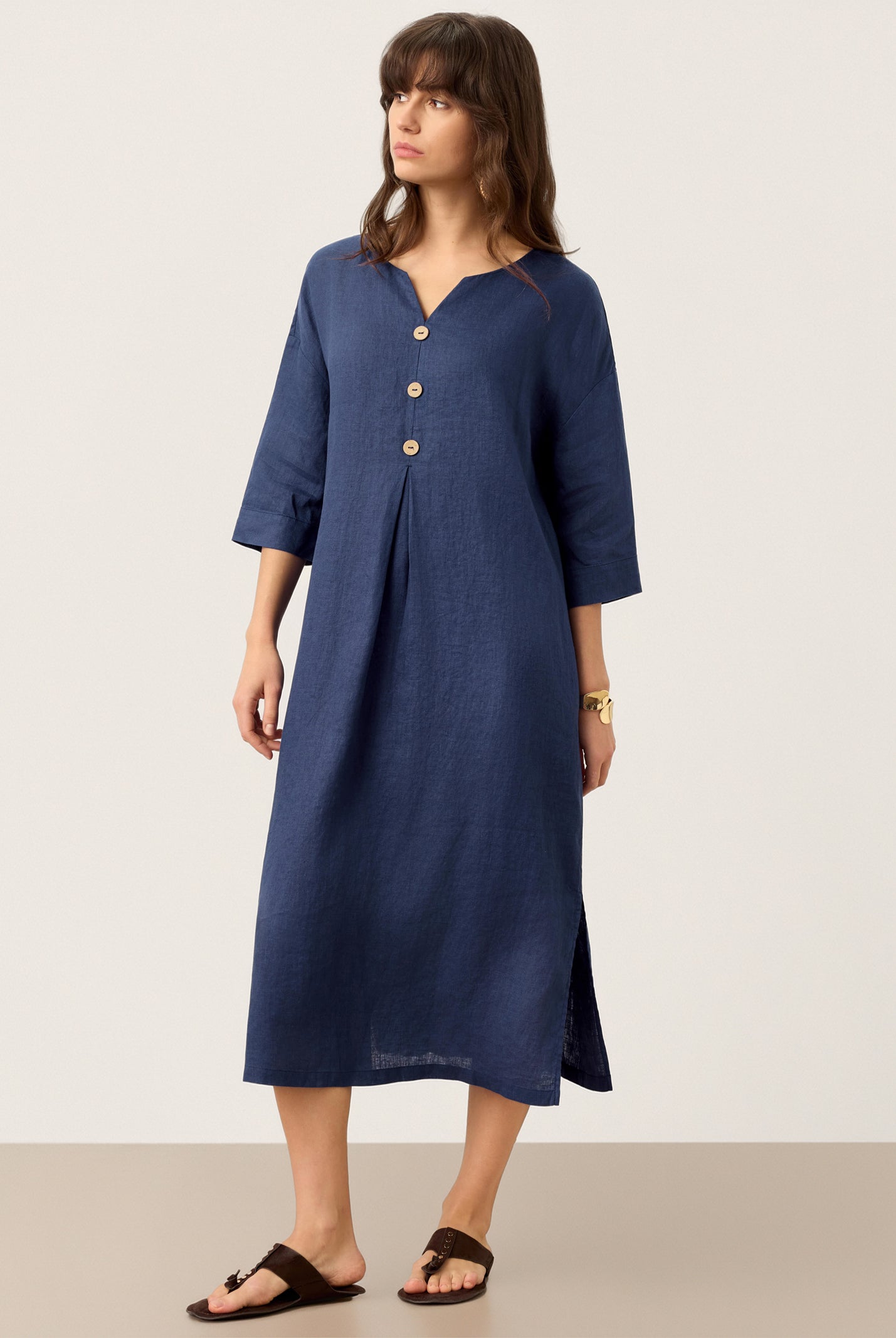 100% Linen Notch Neck Inverted Pleat Midi Dress MATILDE by LINTICO for women
