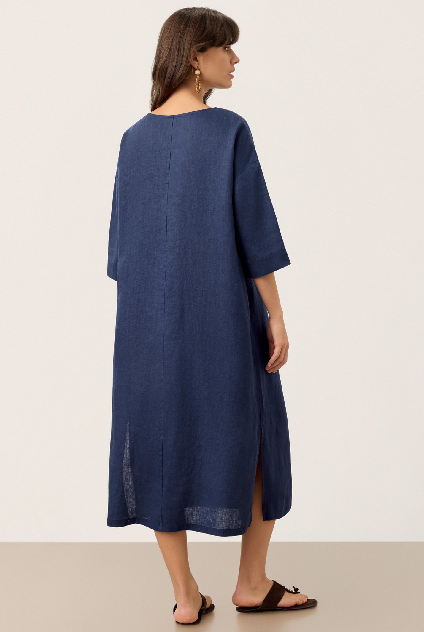 100% Linen Notch Neck Inverted Pleat Midi Dress MATILDE by LINTICO for women
