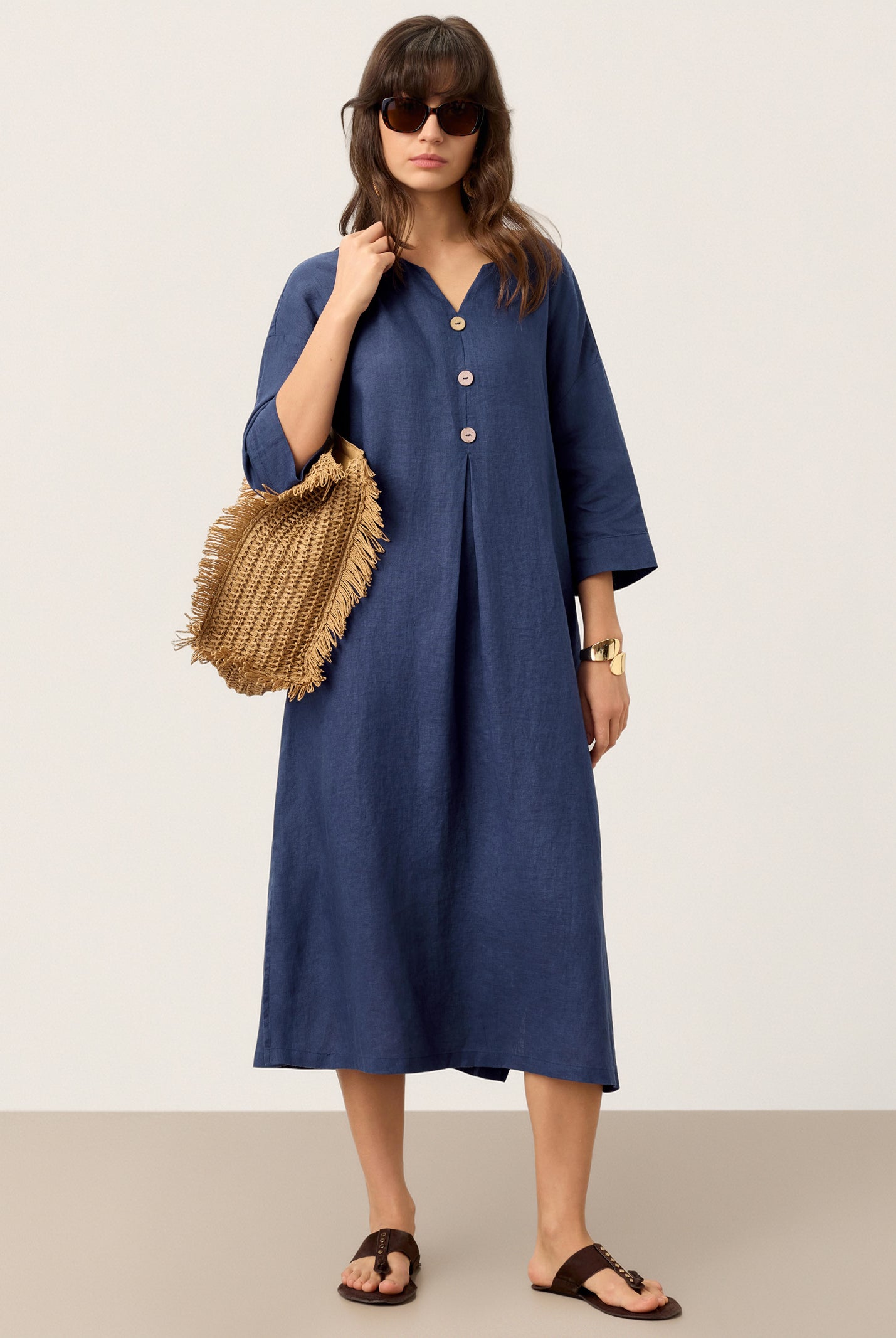 100% Linen Notch Neck Inverted Pleat Midi Dress MATILDE by LINTICO for women