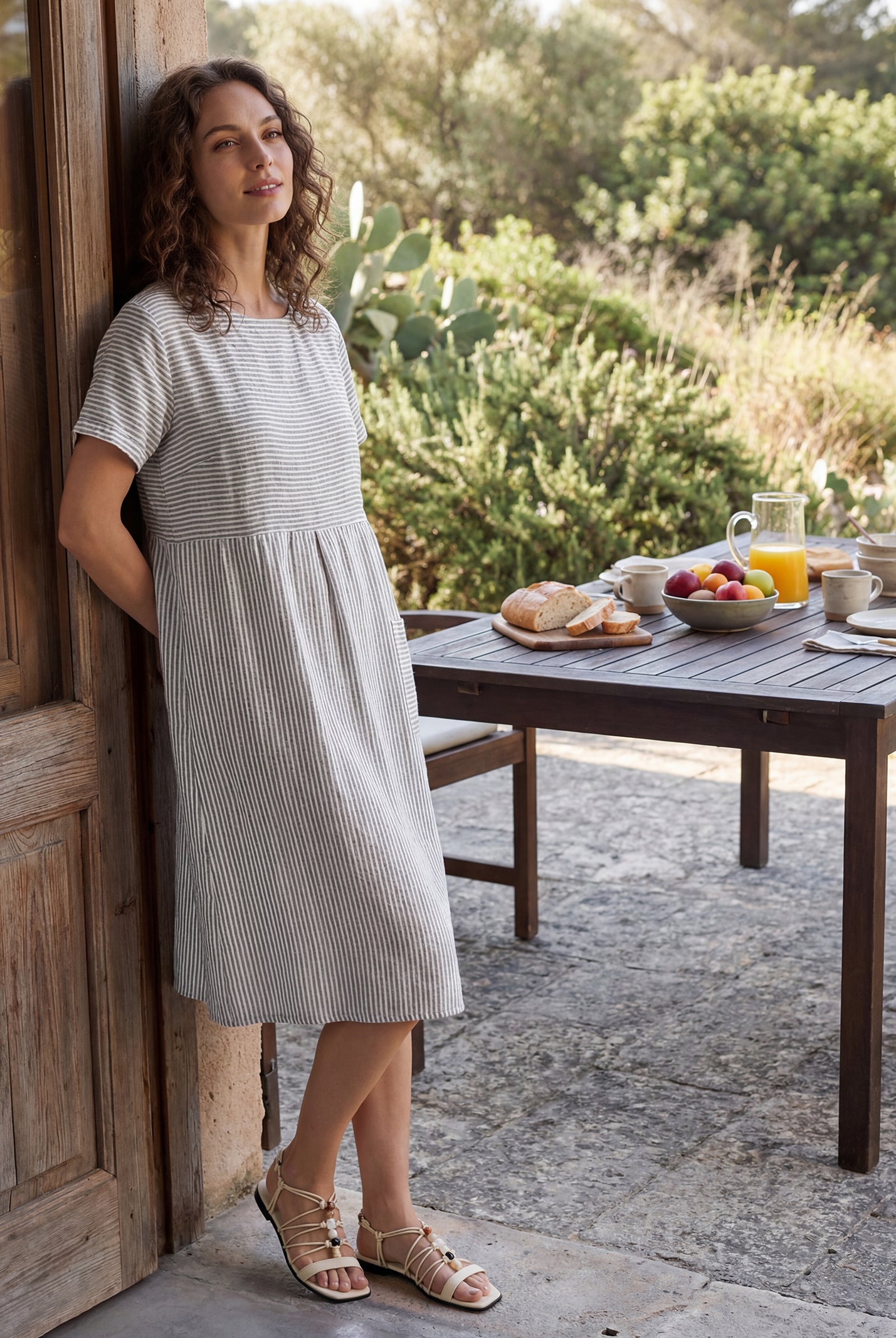100% Linen Pinstripe Paneled Short-Sleeved Dress MORGAN by LINTICO for women