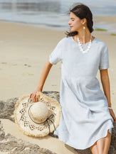 100% Linen Pinstripe Paneled Short-Sleeved Dress MORGAN by LINTICO for women