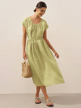 100% Linen Pleated Crew Neck Midi Dress with Detachable Tie Straps MIRA by LINTICO for women