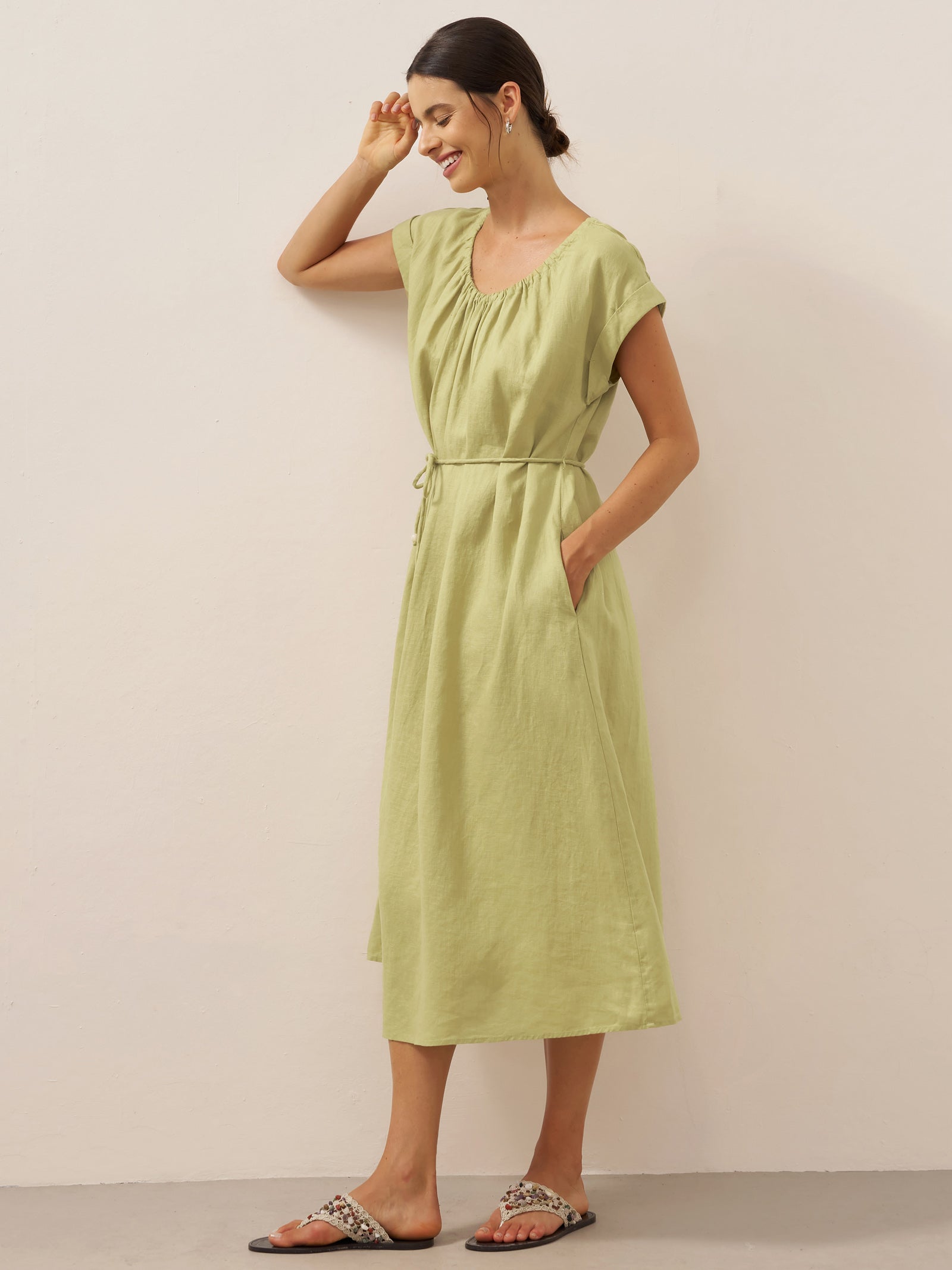 100% Linen Pleated Crew Neck Midi Dress with Detachable Tie Straps MIRA by LINTICO for women