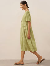 100% Linen Pleated Crew Neck Midi Dress MILA by LINTICO for women