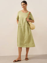 100% Linen Pleated Crew Neck Midi Dress MILA by LINTICO for women