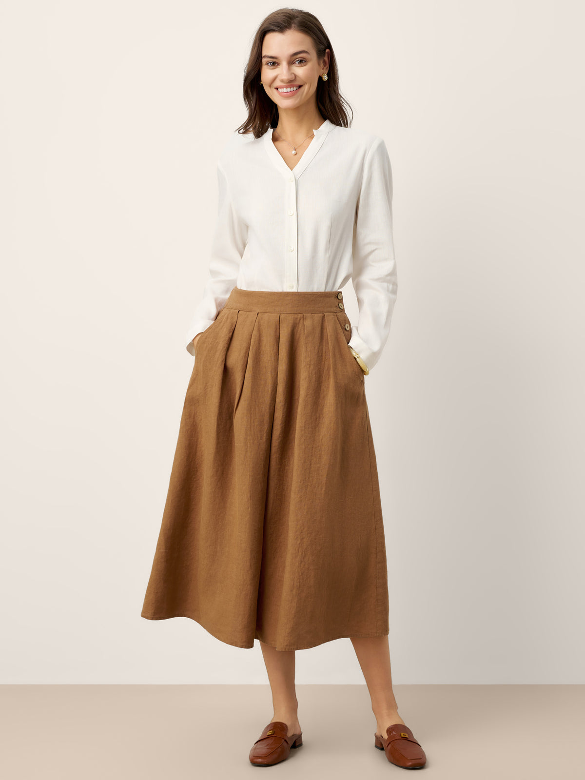 100% Linen Pleated Side Button Skirt LILITH by LINTICO for women