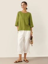 100% Linen Elastic Waist Ruffled Cuff Pants RUBY by LINTICO for women