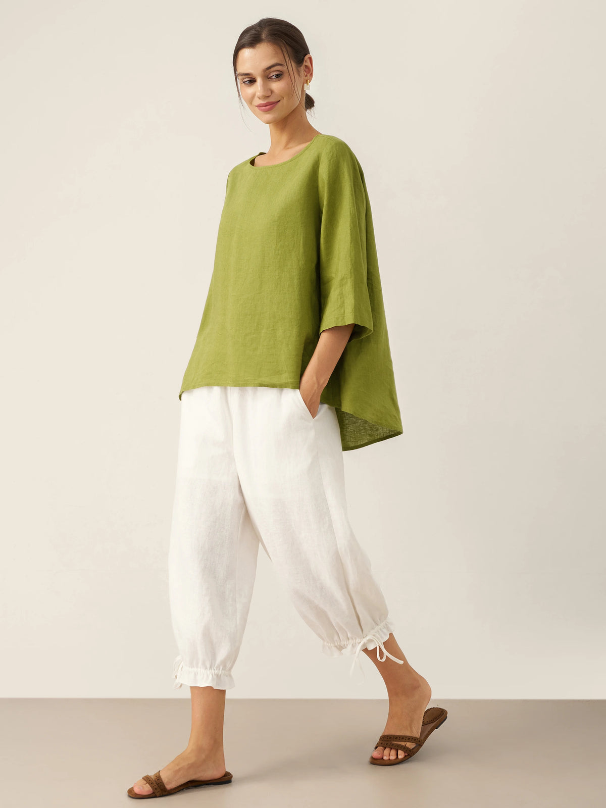 100% Linen Elastic Waist Ruffled Cuff Pants RUBY by LINTICO for women