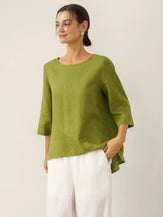 100% Linen Round Neck Asymmetrical Hem Top BRIANNA by LINTICO for women