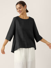 100% Linen Round Neck Asymmetrical Hem Top BRIANNA by LINTICO for women