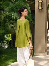 100% Linen Round Neck Asymmetrical Hem Top BRIANNA by LINTICO for women