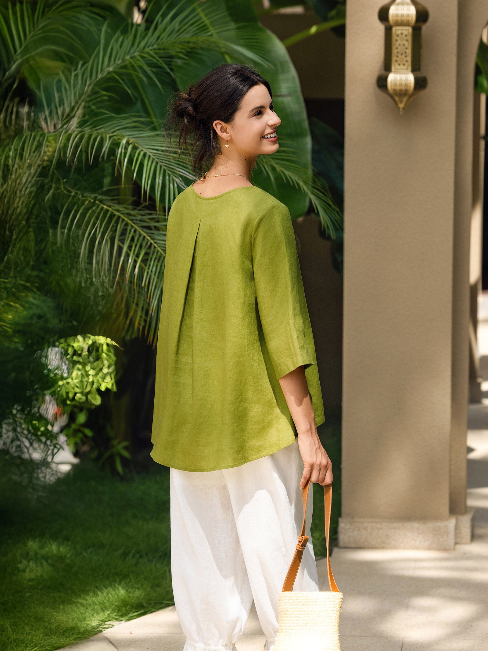 100% Linen Round Neck Asymmetrical Hem Top BRIANNA by LINTICO for women