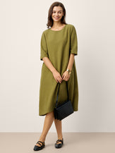 100% Linen Round Neck Back Placket Pleat Midi Dress PENELOPE by LINTICO for women