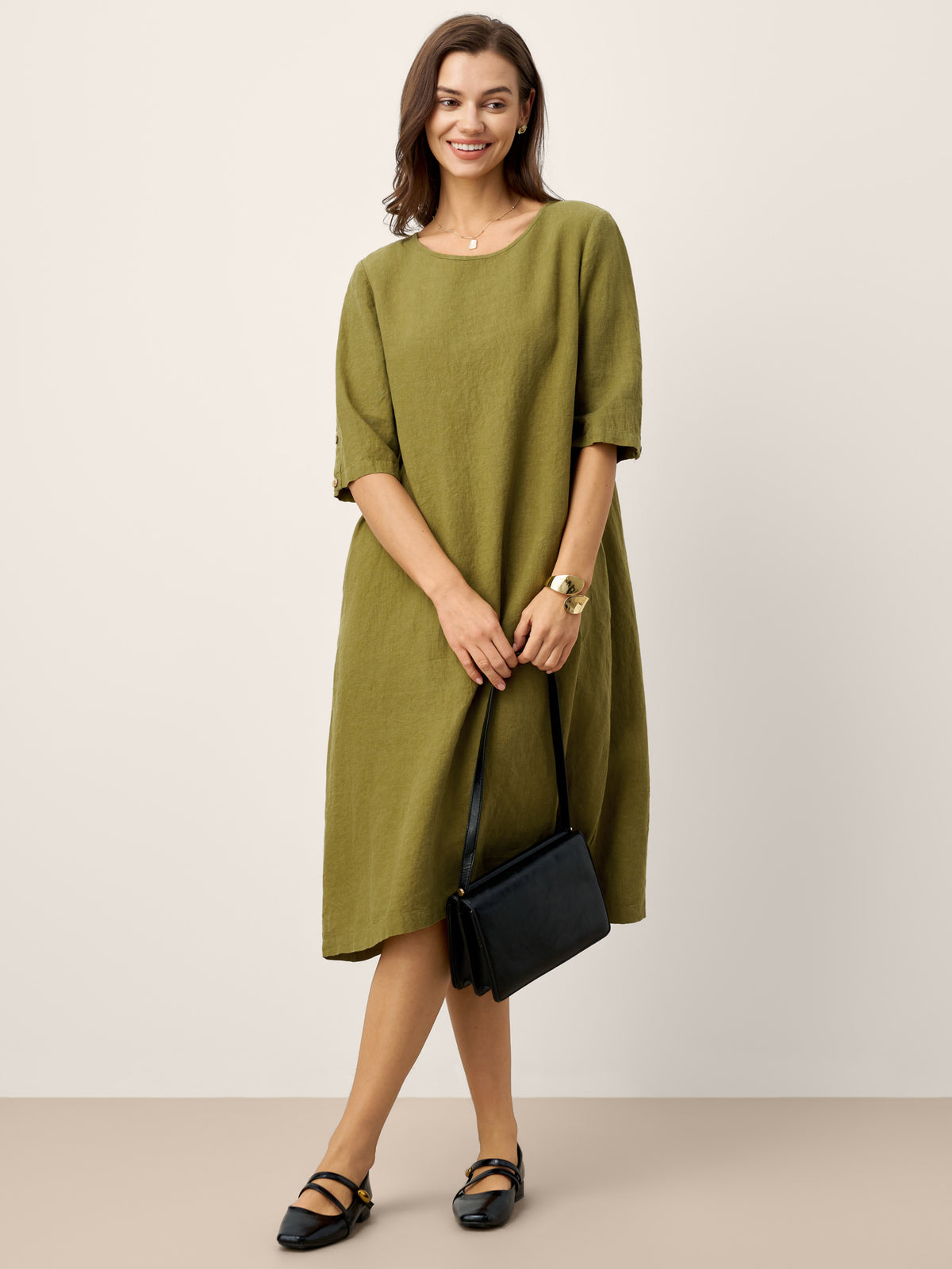 100% Linen Round Neck Back Placket Pleat Midi Dress PENELOPE by LINTICO for women