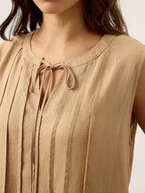 100% Linen Sleeveless Tie-Neck Pintucked Midi Dress MILLICENT by LINTICO for women