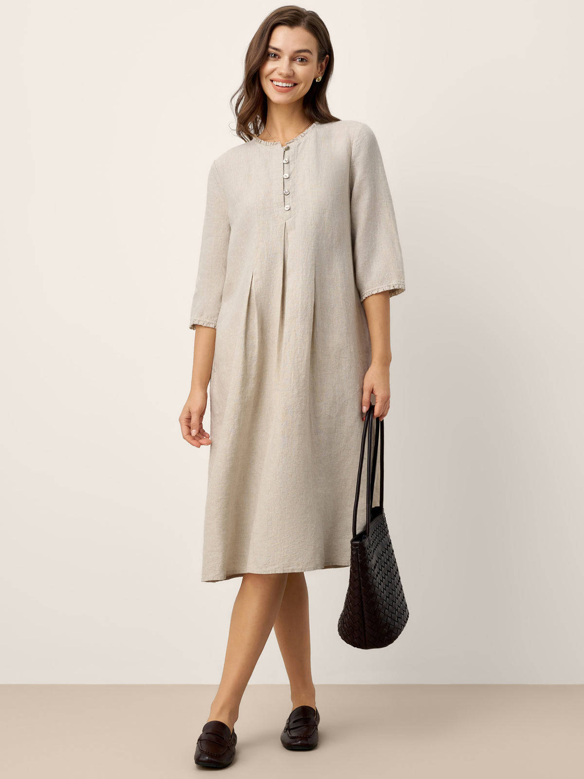 Robe midi femme 100% lin, bord volanté et pli creux, LAVINIA par LINTICO