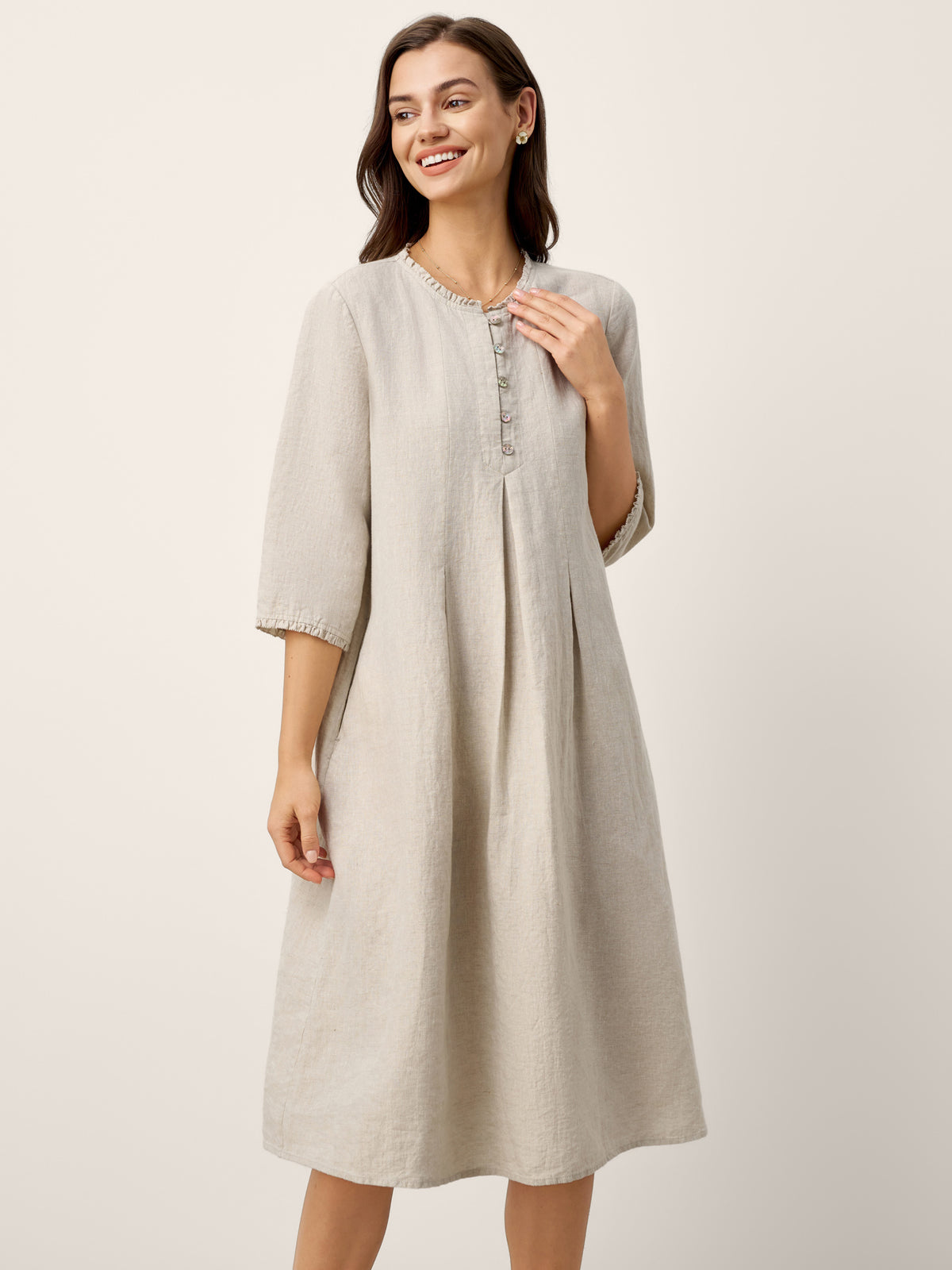 Robe midi femme 100% lin, bord volanté et pli creux, LAVINIA par LINTICO