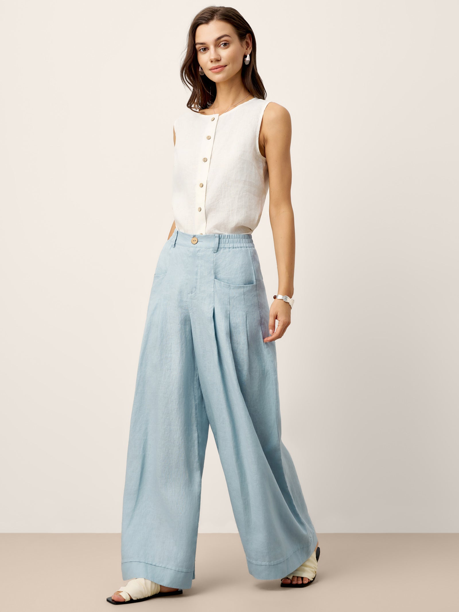 100% Linen Sculpted Pleat Elasticated Back Relaxed Pants VERIDIANA by LINTICO for women